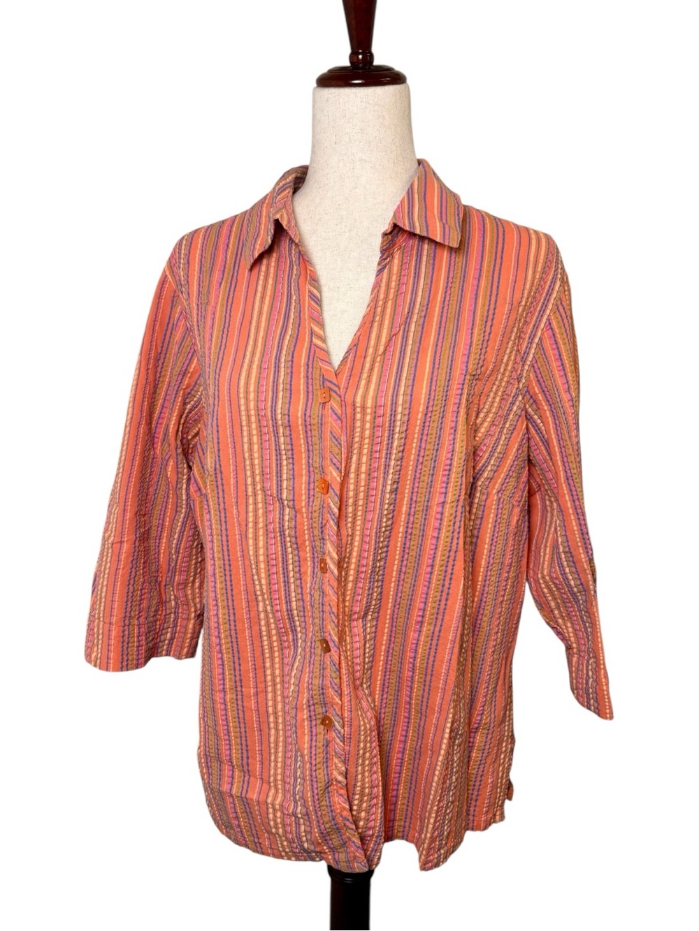 Napa Valley Woman Orange Pink Striped Cotton Button Shirt Beach Boho 1X